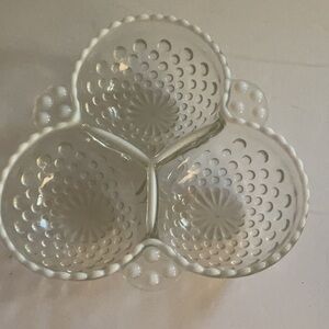 Fenton Opalescent Moonstone Hobnail clover leaf dish.
